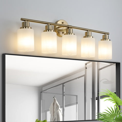 5 Lamps Gold Bathroom Vanity Lamp, Frosted Glass Shade, Modern Wall Mounted Lighting - No Bulbs Unavailable Platforms