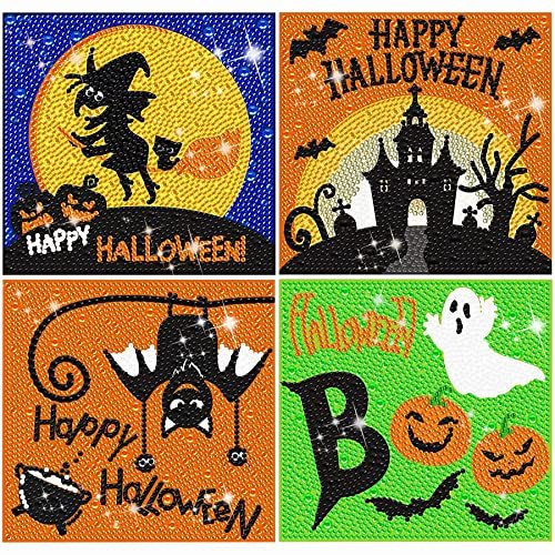 Halloween Diamond Painting, 4-piece Full Diamond Painting Kit, Halloween Witch, Pumpkin, And Bat DIY Diamond Crafts Gift, Suitable For Family Wall Decoration For Adults And Children