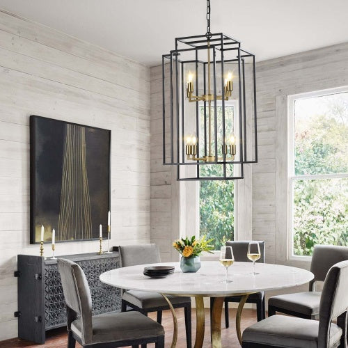8 Lights Black & Gold Lantern Tiered Chandelier, Industrial Farmhouse Chandelier - No Bulbs Unavailable Platform