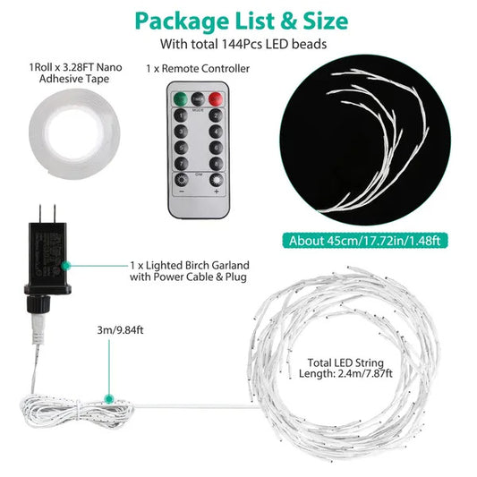 Lighted Birch Garland 7.87FT Lighted Twig Vine Lights 144LED Birch Garland With Lights String Light With Timer 8 Modes IP45 Waterproof For Christmas Fireplace Home Decoration