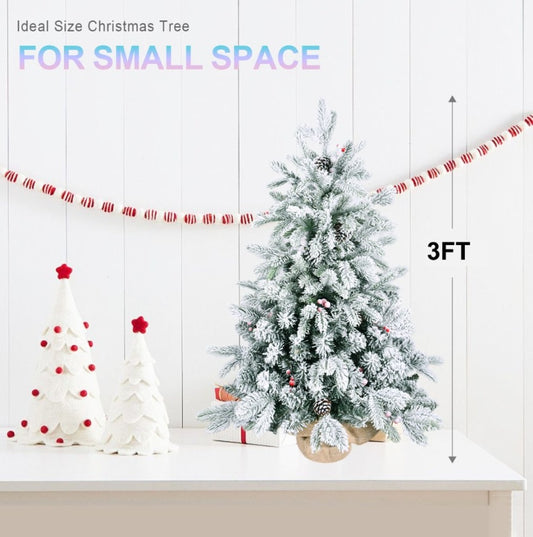 3ft PE PVC Decorated Flocking Jute Tree Pine Cone 14 Red Fruit 14