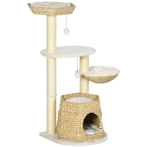 PawHut 47 Cat Tree Kitty Activity Center, Cat Climbing Toy With Cattail Fluff, Bed, Condo, Sisal Scratching Post, And Hanging Ball, Natural