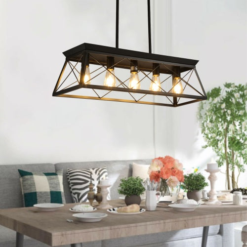 5 Lamps Farmhouse Chandelier For Dining Room, Metal Rustic Chandelier Island Lamp, Modern Rectangular Island Lamp For Kitchen, Living Room Pure Black - No Bulbs Unavailable Platforms