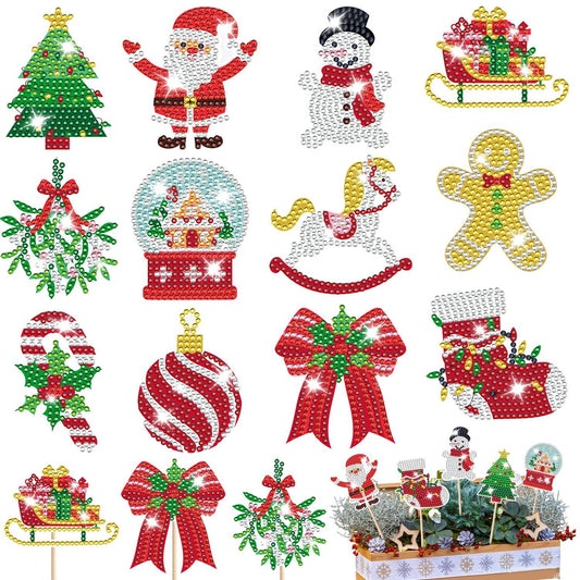 12Pcs Christmas Rhinestones Painting Kits Santa Claus Snowman Gingerbread Man Christmas Stockings Bows Design Rhinestones Art For DIY Art Garden Stake Decoratoin Enjoy Crafting Holiday Gifts