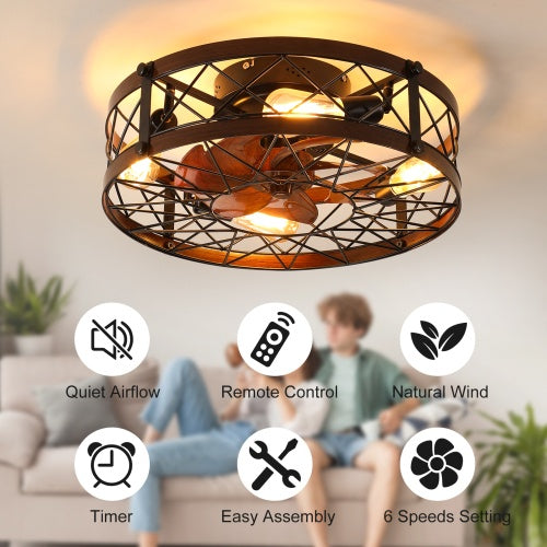 Cage Ceiling Fan With Light, Black, Recessed Ceiling Fan Light, Farmhouse Small Ceiling Fan With Light Fixture, Bedroom Reversible Fan - E26 Bulb Included