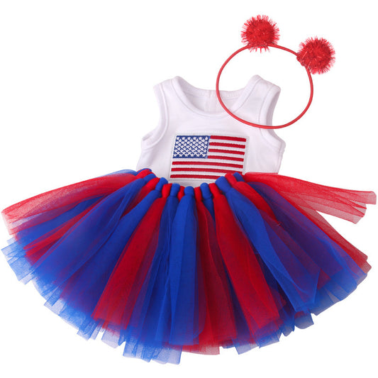 18-inch American Girl Doll Clothes Printed Short Sleeve  Handmade Veil Skirt  Hair Ball Hair Hoop