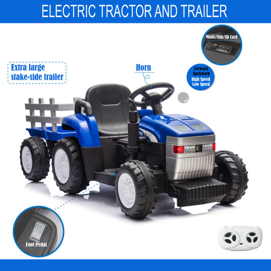 Blue, 12V7AH Battery Powered Toy Tractor With Trailer