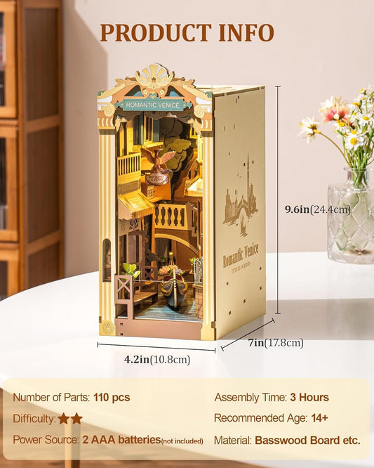 ROBOTIME Book Nook Kits For Adults Romantic Venice With Dust Cover, Booknook DIY Miniature House Kit 3D Wooden Puzzle Bookend Bookshelf Decoration Gifts TGB08