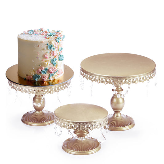3Pcs Antique Cake Stand Set - Round Metal Cupcake Stands With Pendants And Beads - Elegant Dessert Display, For For Wedding, Birthday Party Decor