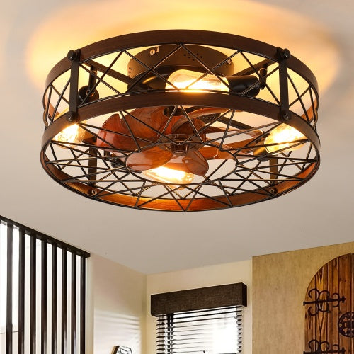 Cage Ceiling Fan With Light, Black, Recessed Ceiling Fan Light, Farmhouse Small Ceiling Fan With Light Fixture, Bedroom Reversible Fan - E26 Bulb Included