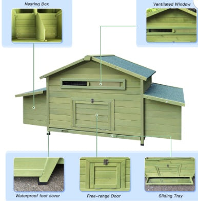 11.12 Square Feet Large Wooden Chicken Coop With 2 Free Range Doors, 2 Nest Boxes, And Chicken Perch Inside