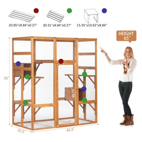 Outdoor Cat Enclosure, Large Wooden Cat Cage, Sun Roof, Perch, Sleeping Box, Pet Enclosure, Orange