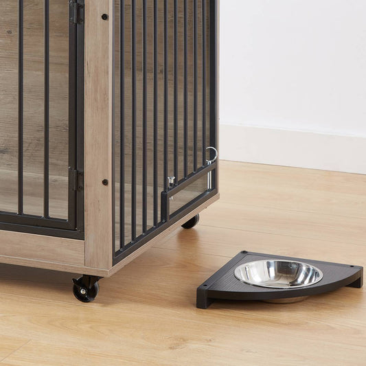 Dog Crate Side Table With Rotatable Feeding Bowl Three Doors Flip-Up Top Opening