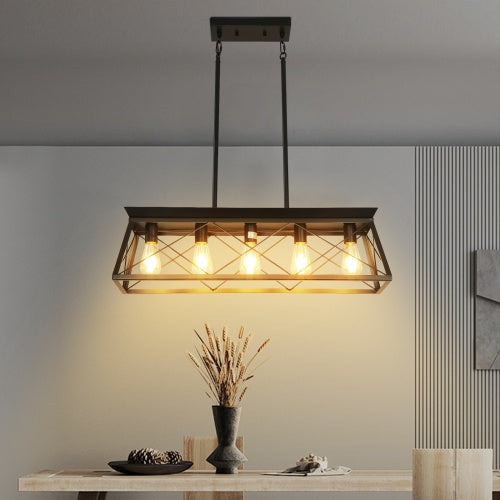 5 Lamps Farmhouse Chandelier For Dining Room, Metal Rustic Chandelier Island Lamp, Modern Rectangular Island Lamp For Kitchen, Living Room Pure Black - No Bulbs Unavailable Platforms