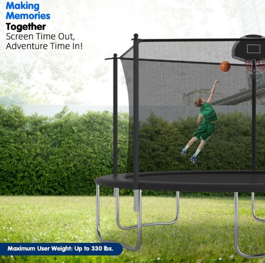 14 FT TRAMPOLINE INSIDE SAFETY NET WITH BASKETBALL HOOP