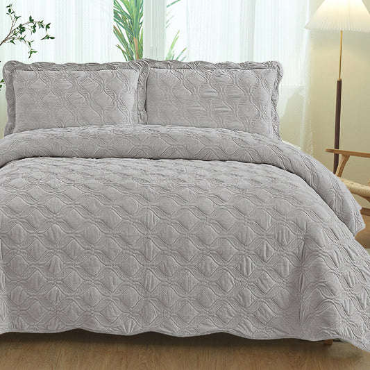 Velvet Embroidered Quilt Set - Light Grey