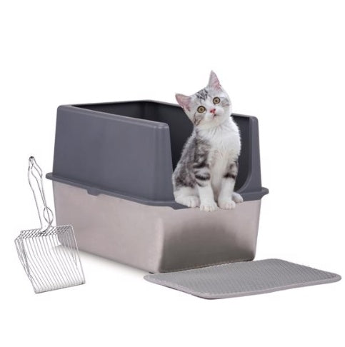 LARGE 60X40X41CM STAINLESS STEEL UPPER AND LOWER SNAP TYPE RECTANGULAR MAT WITH SHOVEL MAT GREY CAT LITTER BOX