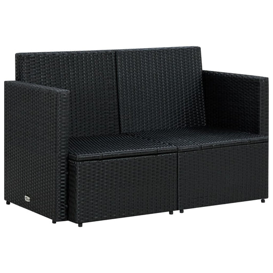 vidaXL 2 Seater Patio Sofa with Cushions Black Poly Rattan