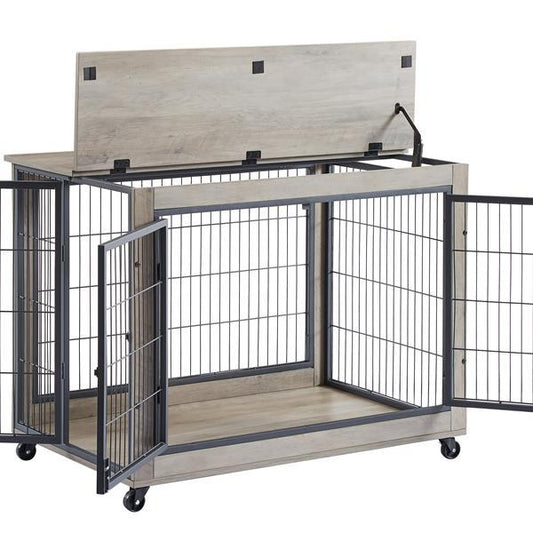 Furniture Style Dog Cage Edge Table With Wheels, Equipped With Double Doors And A Raised Tabletop