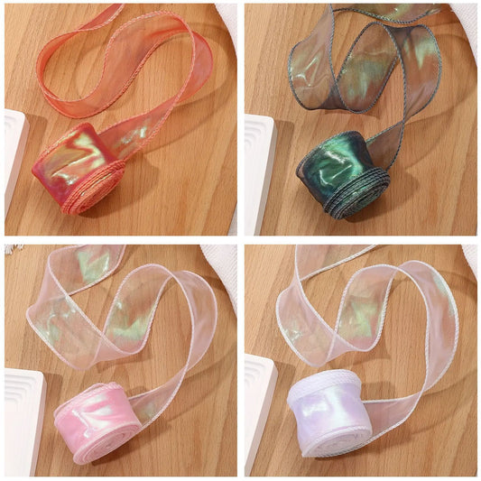 5 Rolls 10 Yard Shimmer Sheer Organza Ribbons 1.5 Inch Wide Laser Wired Edge Ribbon 5 Colors Chiffon Ribbon For DIY Crafts Gift Sewing Making Floral Bouquets Wrapping Bow Wedding Invitations Supplies