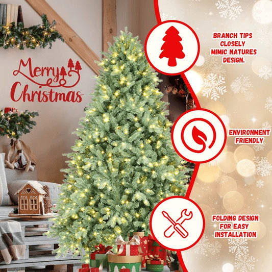 Artificial 7ft Blue Green Tint Christmas Tree With 2518 PE PVC Mixed Branch Tips, 700L Warm White Led, Memory Wire Iron Wire, Hinged Premium & Foldable Base For Indoor Holiday Decorating