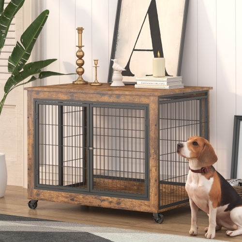 Furniture Double Door Dog Cage, Rustic Brown