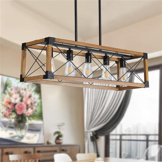 5-light Retro Farmhouse Pendant Light Suitable For Kitchen, Living Room, Dining Room Walnut Wood ,without Light Bulb,Prohibited Platform