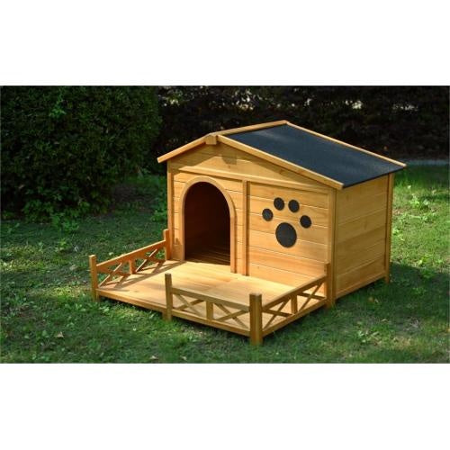 48 Wooden Dog House Outdoor With Porch, Dog Kennel With Water-Resistant Asphalt Roof And Fencing,Indoor & Outdoor Dog Crate With Paw Print, Medium, Nature