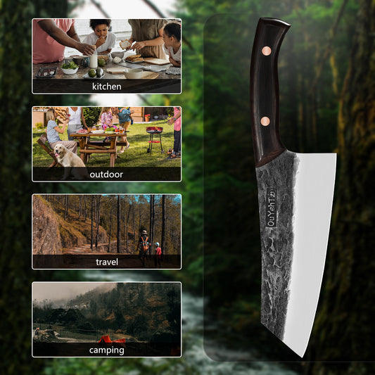 7 Inch Meat Cleaver, Japanese Kirtsuke Chef Knife, Professional Hand Forged Kitchen Knife With Black Sandalwood Handle