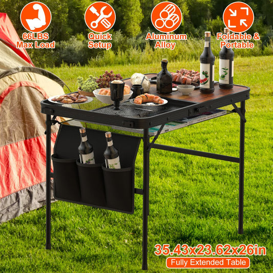 35.43x23.62x26in Foldable Camping Table Collapsible Picnic Aluminum Alloy Grill Stand 66LBS Max Load Height Adjustable BBQ Table With Adjustable Height Storage Net