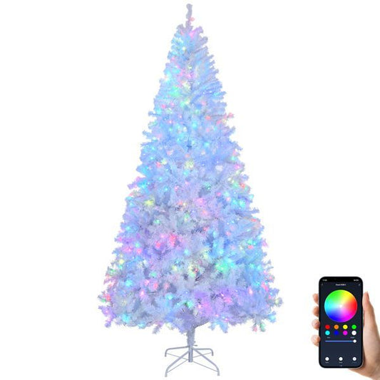 8 FT Pre-lit Artificial Christmas Tree, APP Controlled Xmas Tree Hinged Branches With 500 RGB Lights And 1500 Branch Tips, For Holiday Party Store Office Home, White