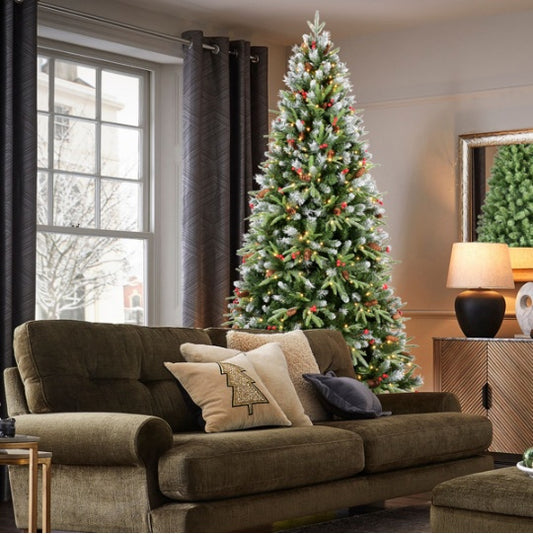 Artificial 5ft Green LED-lit Christmas Tree With 1113PE PVC Mixed Branch Tips,Red Fruit And Pine Cone,Hinged Premium & Foldable Base For Indoor Holiday Decorating