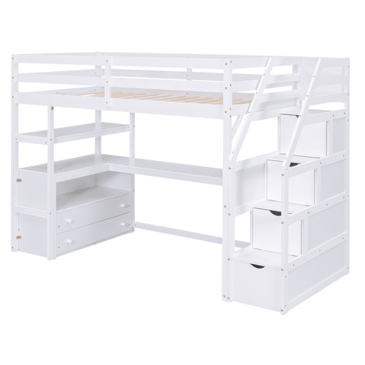 Twin Size Loft Bed with Desk and Shelves  Two Built-in Drawers  Storage Staircase White