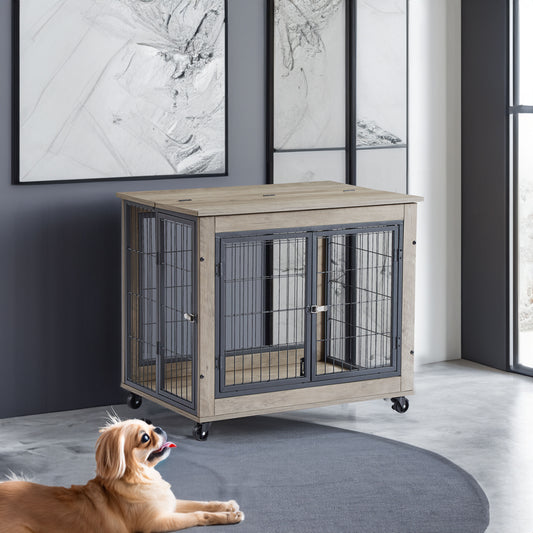 Furniture Dog Cage Crate with Double Doors on Casters. Grey, 31.50'' W x 22.05'' D x 24.8'' H.