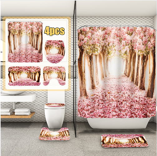 Arrivals Europe Pink Sakura Tree Pattern Bathroom Four-piece Suit,Shower Curtain Bathroom Pedestal Rug Lid Toilet Cover Bath Mat Set