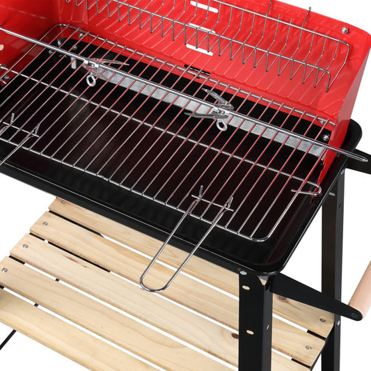 85X42X86cm Black And Red Four Legged Wheeled Square Enamel Carbon Oven