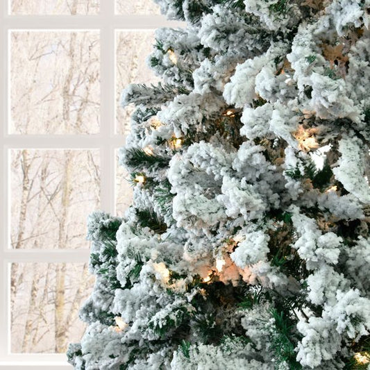 7 FT Pre-lit Snow Flocked Christmas Tree, Artificial Hinged Xmas Pine Tree With 1000 Branch Tips, 400 Lights And Remote Control For Holiday Party Office Home, Snowy Green