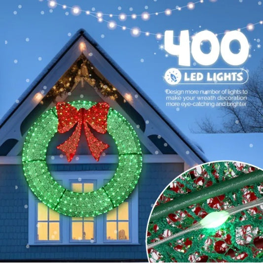 60in Pre-Lit Outdoor Christmas Wreath Decoration, LED Metal Holiday Decor For Home Exterior, Garden W  400 Lights, Bow - Green Red