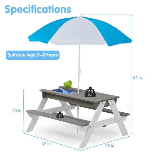 3-in-1 Kids Outdoor Wooden Picnic Table With Umbrella, Sand & Water, Gray ASTM