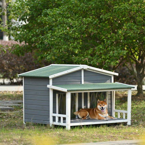 GO 47.2 Large Wooden Dog House Outdoor, Outdoor & Indoor Dog Crate, Cabin Style, With Porch, 2 Doors, Gray And Green