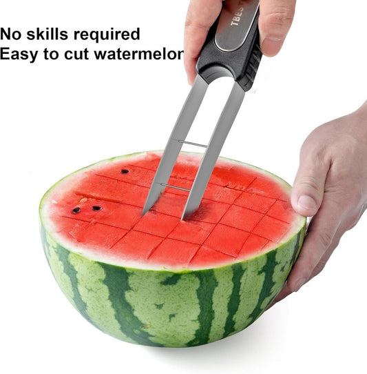 The Watermelon Slicer Is A Creative Small Kitchen Tool Made Of Stainless Steel. It Is Reusable And Capable Of Cutting Watermelons And Other Fruits Efficiently.