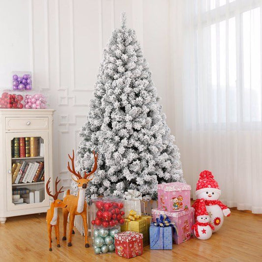 7 FT Pre-lit Snow Flocked Christmas Tree, Artificial Hinged Xmas Pine Tree With 1000 Branch Tips, 400 Lights And Remote Control For Holiday Party Office Home, Snowy Green