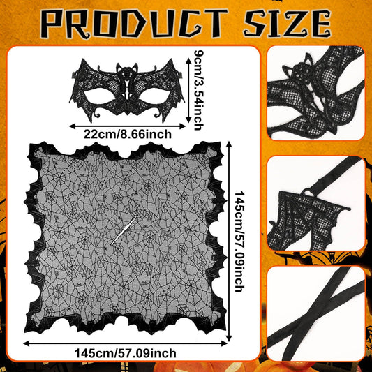 2 Pcs Halloween Poncho For Women Black Bat Spider Web Poncho And Lace Mask Masquerade Mask Halloween Party Cosplay Costume Accessory Day Of The Dead Costume