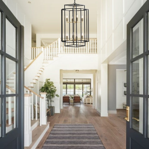 8 Lights Black & Gold Lantern Tiered Chandelier, Industrial Farmhouse Chandelier - No Bulbs Unavailable Platform