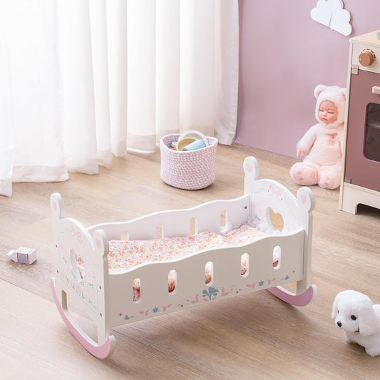 ROBOTIME Wooden Doll Cradle Rocking Baby Doll Crib Reversible Doll Bed For Girl