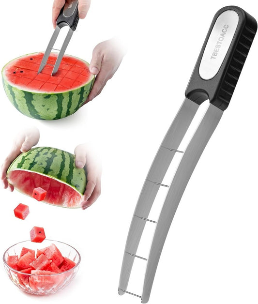 The Watermelon Slicer Is A Creative Small Kitchen Tool Made Of Stainless Steel. It Is Reusable And Capable Of Cutting Watermelons And Other Fruits Efficiently.