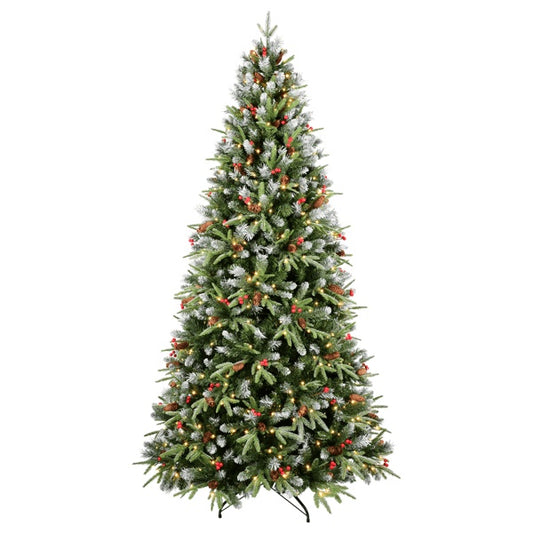Artificial 6ft Green LED-lit Christmas Tree With 1593PE PVC Mixed Branch Tips,Red Fruit And Pine Cone,Hinged Premium & Foldable Base For Indoor Holiday Decorating