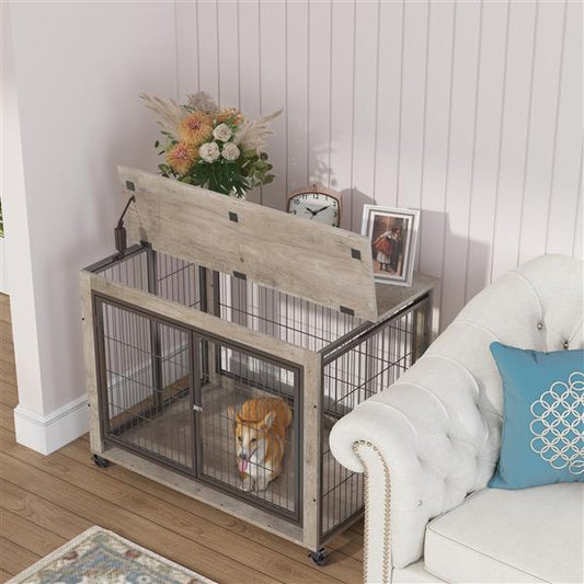 Furniture Style Dog Cage Edge Table With Wheels, Equipped With Double Doors And A Raised Tabletop