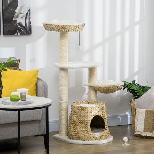 PawHut 47 Cat Tree Kitty Activity Center, Cat Climbing Toy With Cattail Fluff, Bed, Condo, Sisal Scratching Post, And Hanging Ball, Natural