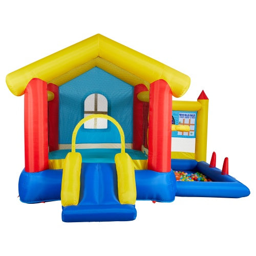 8-in-1 Inflatable Bounce House With Blower Basketball Stand Ocean Ball Throwing Ring Game Target And Sticky Ball Game For Kids